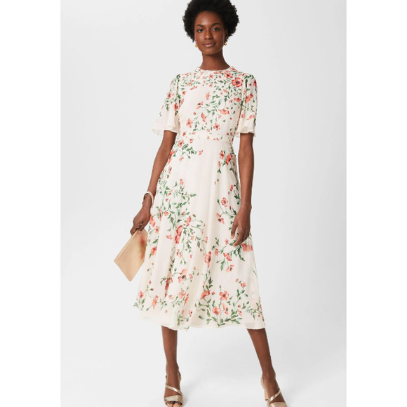 Hobbs Gianna Silk Dress Flutter Sleeve Midi Cream Red Floral NWT - Picture 9 of 10